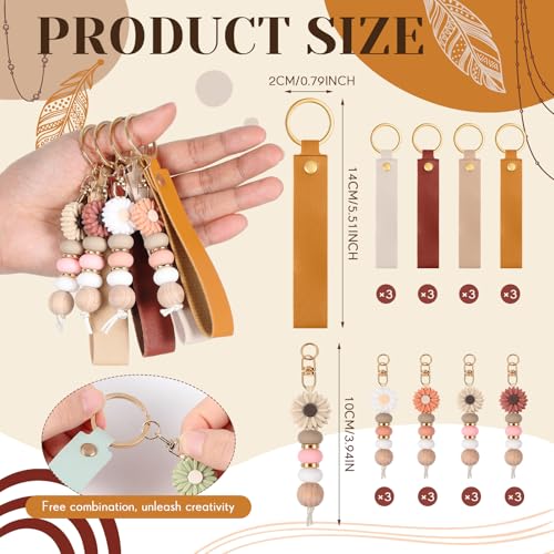 Wavyknot 12 Set Daisy and PU Leather Beadable Keychain Bars Bulk Laser Engraving Blanks Keychain Kit for DIY Crafts Jewelry(Boho, Rectangle) - color: Boho, style: Rectangle