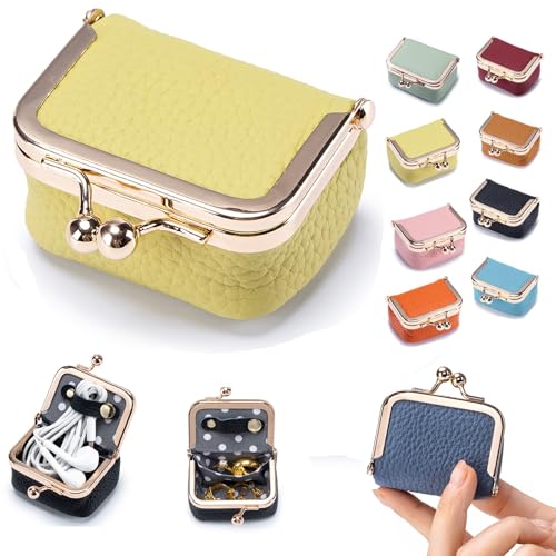 Genuine Leather Mini Jewelry Box & Coin Purse for Women, Travel Jewelry Case with Kiss Lock, Holds Earrings, Rings, Necklace, Bracelet, Coins (Yellow) - color: Yellow - 2.5in