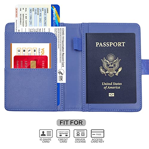 Melsbrinna Premium Leather Passport Holder Covers Case, Waterproof Rfid Blocking Travel Wallet Passport Holder with Pen Holder, Cute Passport Book for Women/Men - color: AK-Stone-blue