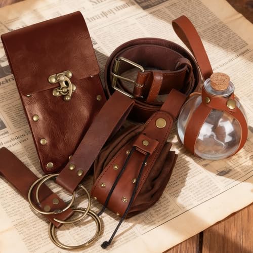 Renaissance Belt Pouch Medieval Pirate Costume Accessories Set for Cosplay | Viking Faux Leather Waist Bag, Skirt Hike Clips, Perfect for Women and Men Ren Faire, LARP, Fantasy, Halloween - color: Brown-V
