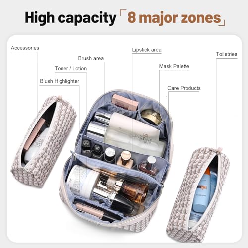 BOYATU Travel Makeup Bag Cosmetic Bags for Women: 3 Pcs Set Make up Bag | Large Capacity Waterproof Vegan Leather Organizer Bags with Compartments - Lay flat Toiletry with Handle (M-80Off-white) - color: M-80Off-white
