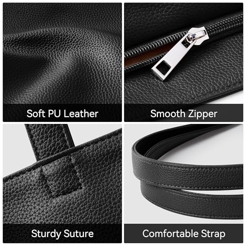 WLLWOO Soft Vegan Leather Tote Bag for Women Large Hobo Zipper Purse | Casual Shoulder Handbags Carryall for Work Daily Weekender Travel Commute - color: Black