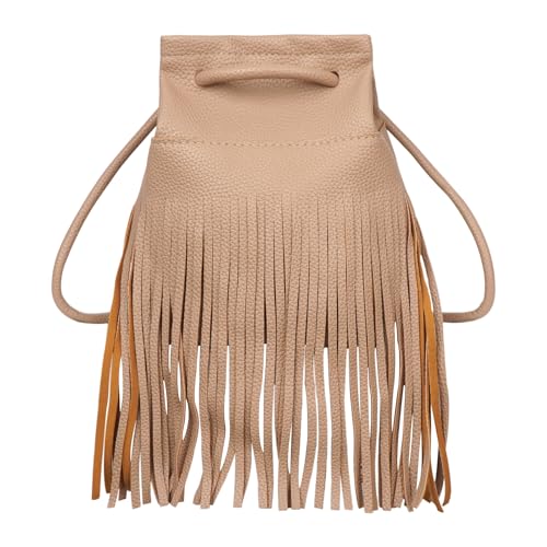 Women Mini Tassel PU Leather Crossbody Shoulder Bag Drawstring Bucket Bag | Small Fringe Cross body Bag Cell Phone Coin Purse Wallet - color: Khaki