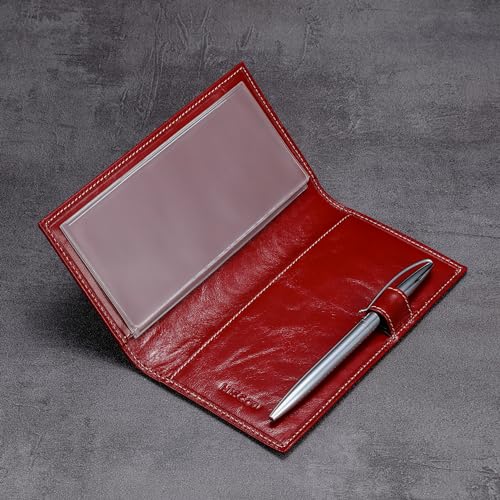 HISCOW Leather Checkbook Cover for Duplicate Checks with Pen Holder - color: Antiqued Red