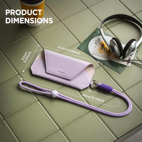 VULKIT Portable Leather Eye Glasses Case for Women & Men, Slim Sunglass Case, Unisex Eyeglass Case - color: Lavender Mist With Lanyard