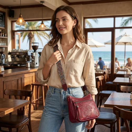 Crossbody Bags for Women, Medium Vegan Leather Purses | Large Capacity Multi-Pocket Embossed Shoulder Bag with Boho Strap for Daily Travel - color: Red