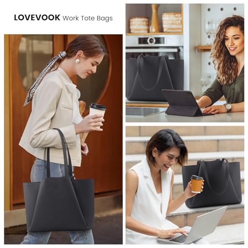 LOVEVOOK Laptop Tote for Women - 15.6 Inch Faux Leather Laptop Bag with Clutch, Large Capacity Office Purse Computer - color: Lead Gray, size: 15.6 inch
