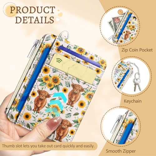 Kelvoris Credit Card Holder Small Wallet Women, Slim RFID, Highland Cow | Keychain, Zipper Coin Pocket, Front Pocket Thin Travel Card Case, Minimalist, 6 Card Slots, 1 ID Window, Ladies Gifts Woman - color: Cow