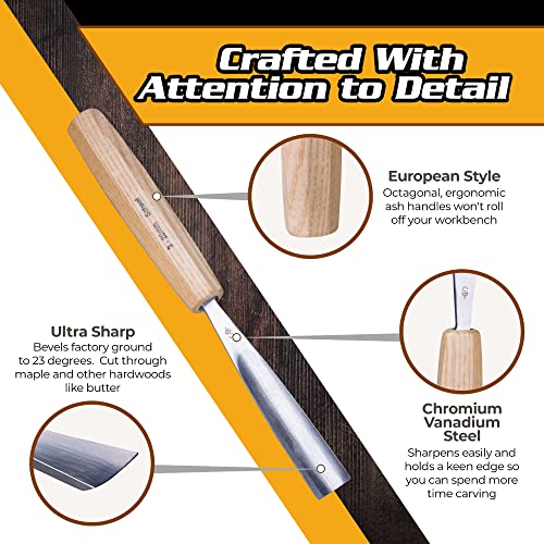 7-pc Wood Chisel Set with Gouges, Hand Sharpened | Professionally sharpened carving chisels for beginners, sculpture and relief carving, ergonomic handles, tutorials included - color: Professionally Sharpened 7 Piece Set