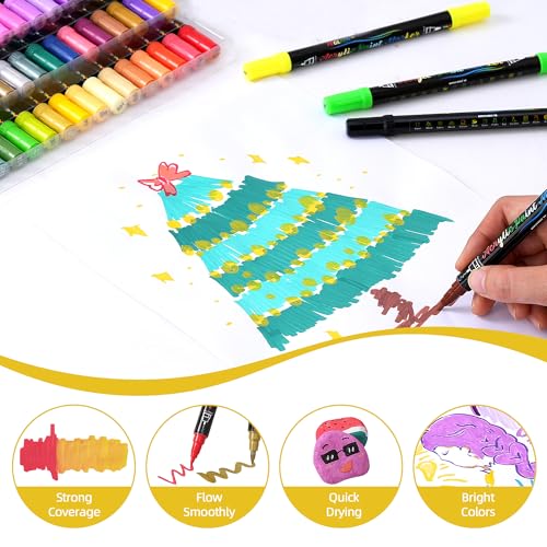 60 Colors Acrylic Paint Markers,Dual Tip Acrylic paint Pens Contain 12 Metallic Colors 6 Glitter and 6 Neon Markers for Rock Painting,Egg,Wood,Glass,Canvas,Ceramic,Crafts,Art Supplies - color: 60 Colors