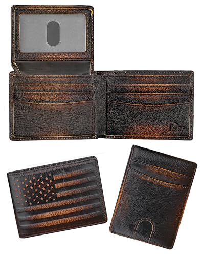 DK86 Wallet for Men Slim Rfid Bifold Genuine Leather 2 ID Window With Gift Box (black brown with US flag) - color: black brown with US flag