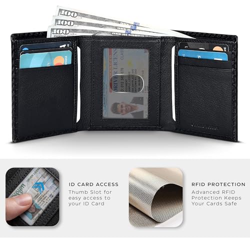 Trifold Leather Wallet for Men - RFID Slim Minimalist Front Pocket 6 Slots - color: Black Nappa/Carbon