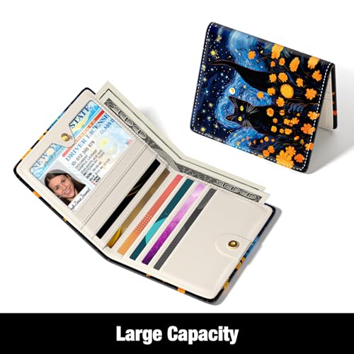 Rouidr Womens Wallet, RFID Small Slim Wallet for Women, Cute Bifold Leather Pocket Credit Card Holder Ladies Mini Purse with Zipper Coin Pocket & ID Window, Starry Sky Cat - color: Starry Sky Cat