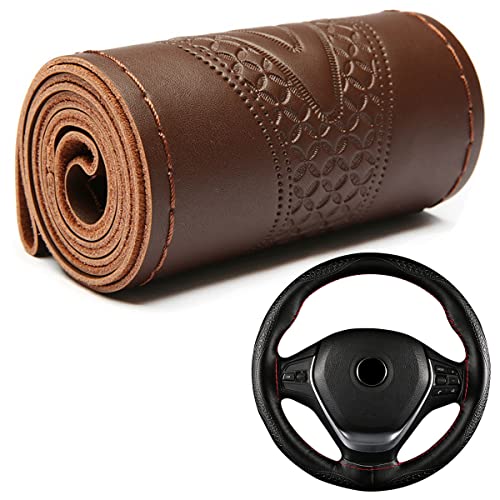 Car Steering Wheel Cover Universal Fit Round Stitch Steering Wheel Wrap Thin PU Leather Steering Wheel Cover Sewn on 15" Car Wheel (Coffee) - color: Coffee1