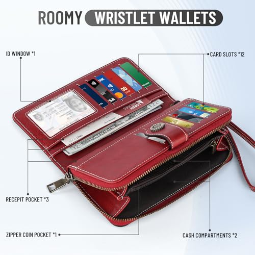 Red Wristlet Wallets for Women with with Strawberry Bag Charm | Credit Card Holder, Large Capacity, 12 Card Slots, Zipper Pocket, Ladies Clutch - color: Red - Strawberry