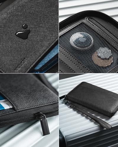 VULKIT Leather Passport Wallet RFID Blocking with Wrist Strap, Travel Document Organizer - 6 Credit Card Slots, 2 Interior + 2 Exterior Passport Slots, 2 ID Windows, Zipper Closure, Black - color: Black
