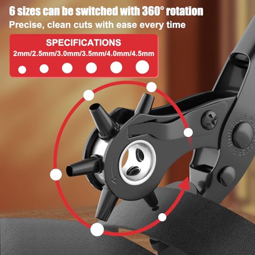 Diyife Leather Hole Puncher, Full Set Punch Tool Kits for Belts, Leather | Double-lever Design, Sturdy & Durable, Safety Locking Handles, 3 Extra Punch Plates Included, 6-Size Quick Adjustment, Red - color: Red