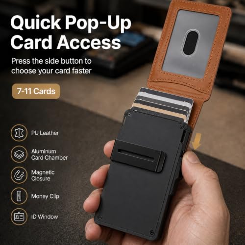 Brown AirTag Wallet for Men, RFID Blocking Minimalist Bifold Pop Up Aluminum Card Holder, PU Leather Wallet with Money Clip ID Window, 9-13 Cards, Gift for Men, AirTag Not Included by Sooshoom - color: Brown