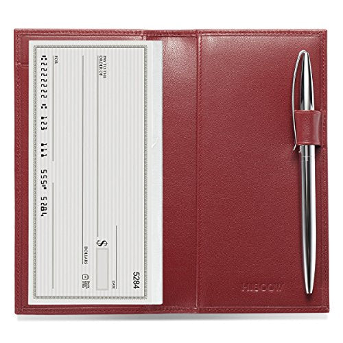 HISCOW Leather Checkbook Cover for Duplicate Checks with Pen Holder - color: Wine Red