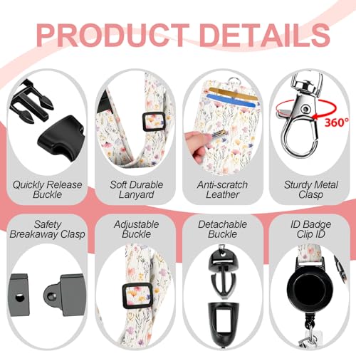 Cute Flowers Lanyard for ID Badge Card, Floral Printed Breakaway Neck Lanyards with Retractable Badge Reels Quick-Release Buckles & Adjustable Straps with Leather Card Badge Holders for Women Teacher - color: Cute Flowers White