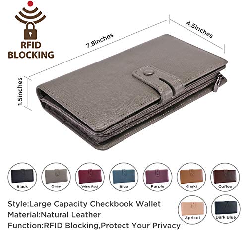 Itslife Womens Wallet,Large Capacity RFID Blocking Leather Wallets Credit Cards Organizer Ladies Wallet with Checkbook Holder - color: Gray