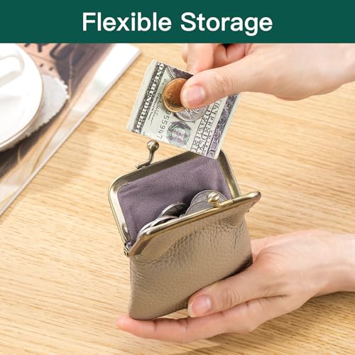 Genuine Leather Kiss Lock Coin Purse, Mini Wallet with Metal Clasp Frame, Small Change Holder，gift for women men (Gray) - color: Gray