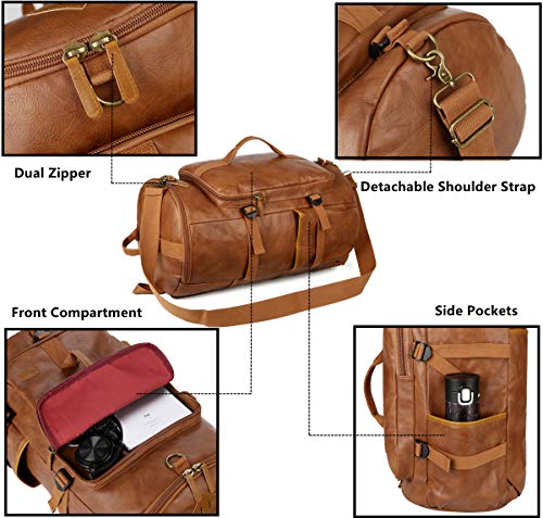 Baosha Stylish Vegan Leather Men Weekender Travel Duffel Tote Bag Backpack Travel Hiking Rucksack Overnight Bag 3-Ways Convertible HB-26 (Brown) - color: Brown