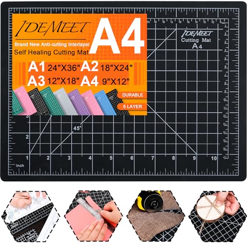 Density-upgraded 9"x12" Self Healing Cutting Mat, Idemeet Rotary Sewing Mat for Crafts, 5-Ply Blade Table Protector Cut Board for Fabric Leather Cutting Quilting Modeling Hobby Project, A4, Black - color: Black, size: 12"L x 9"W