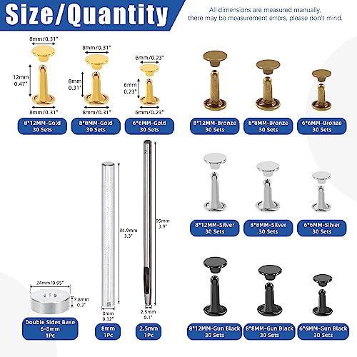 Glarks 360 Sets Leather Rivets with 3Pcs Setting Tool Kit, 4 Colors 3 Sizes Double Cap Rivets Tubular Metal Studs Leathercraft Rivets for Bags Clothing Shoes Leather Craft - color: 360 Sets