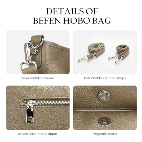 befen Genuine Leather Crossbody Hobo Purse for Women Soft Lightweight Leather Handbags with 2 Removable Straps - color: M-taupe