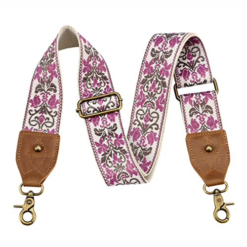 Nefelibata Purse Strap-2" Crazy Horse Leather Wide Shoulder Strap Adjustable Replacement,Retro Jacquard Embroidery Multi-pattern Crossbody Bag Straps for Handbag,Crossbody Bags(Purple Embroidery) - color: Purple Embroidery