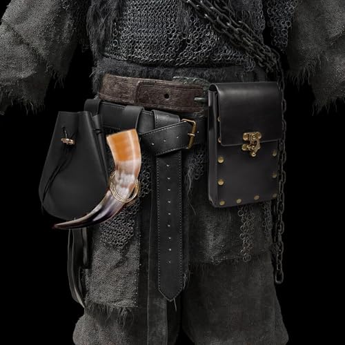 SUMGOGO Retro Belt Pouch Waist Bag Womens Fanny Pack Cellphone Holder Steampunk Medieval Renaissance Purse Costume Accessory - color: Tri-Black
