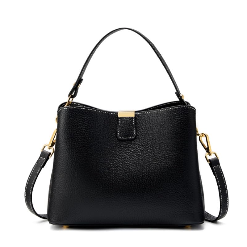 Leather Bucket Bag for Women, Soft Crossbody Top-handle Purse | Small Tote Handbag with 3 Style Detachable Straps, Spacious Daily Handbag for Work Outing Daily Use - color: Black