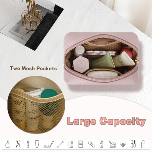 Initial Mini Makeup Bag Cosmetic Bag for Women | Personalized Gift, Toiletry Bags, 2 Mesh Pockets, Soft PU Leather, Water Proof Design, Smooth Zipper & Sturdy Build - size: 1pc Pink, style: T