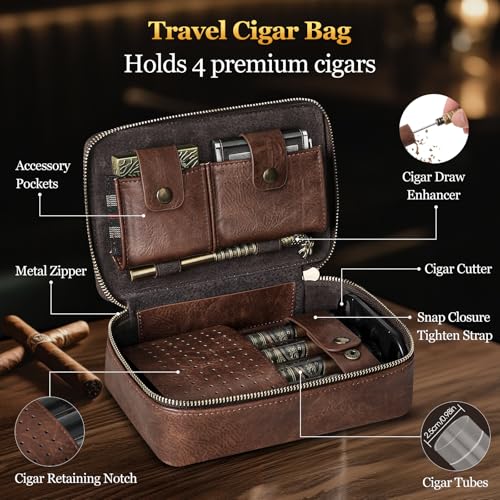 Cigar Humidor, Leather Travel Cigar Case, Portable Cigar Box with Cigar Draw Enhancer and Multifunction Cigar Cutter, Cigar Accessories Gift Set (Brown) - color: Brown