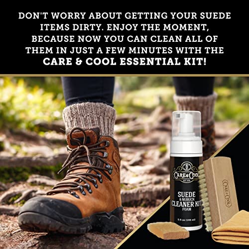 Care & Cool Suede & Nubuck Foam Cleaner Kit, Hog Brush, Eraser & Cloth | Penetrates Pores to Lift Dirt & Grime, Preserves Natural Look & Texture, No Harsh Chemicals, For Leather, Canvas & Knitwear - style: Foam Kit