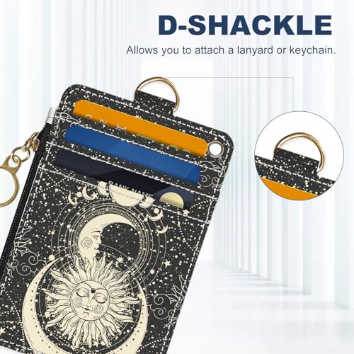 Slim Wallet Credit Card Holder, Moon and Sun Face, RFID Wallet Women Cute Small Front Pocket Wallet With Zipper, PU Leather Thin travel RFID Blocking Card Case ID Window,Ladies Gifts - color: Moon and Sun Face