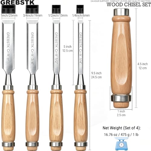 GREBSTK 4 Piece Wood Chisel Set CR-V Steel Sharp Bevel Edge for Woodworking | Chromium Vanadium, High Hardness & Durability. Ergonomic Beech Handle. 1/4“, 1/2”, 3/4“, 1" with Covers for Carving & DIY.