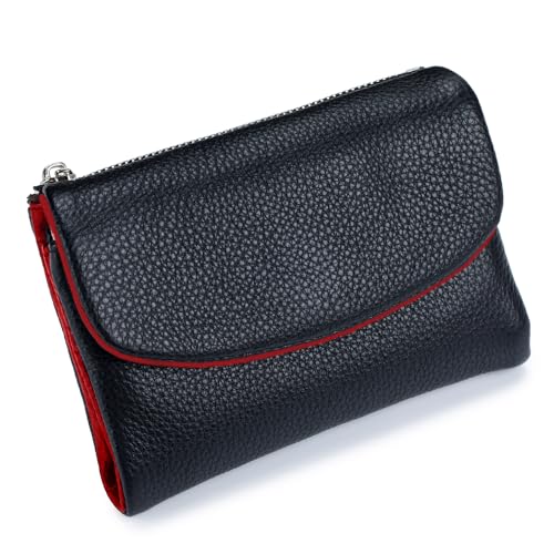 Premium Leather Wallet, Black & Red | Multi-Slot Card Holder, ID Window, Zipper Coin Purse, First Layer Leather - color: Black & Red