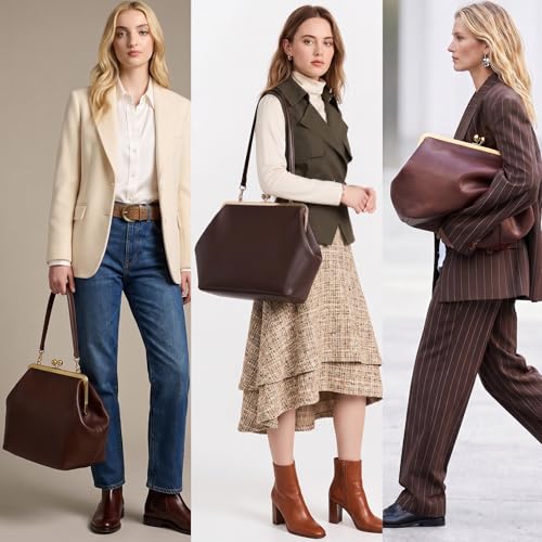 Kiss Lock Frame Handbag, PU Leather Shoulder Tote Bag Messenger Hobo Clutch Purse for Women Formal Work Leisure - color: Pure Coffee