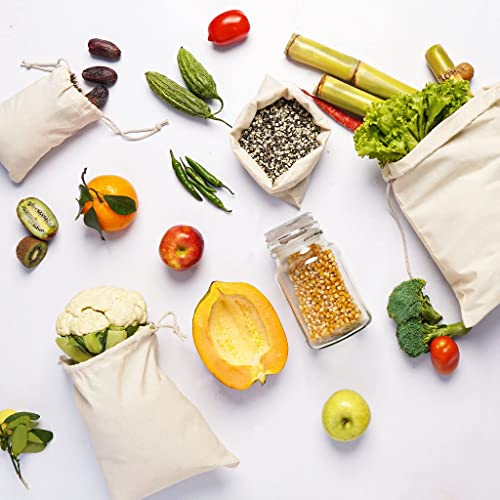 100Pcs 5 x 7 Inches Premium Cotton Muslin Double Drawstring Bags, Reusable Bag Natural Cotton Bags with Drawstring Produce Bags Bulk Gift Bag Jewelry Pouch for Party Wedding Home Storage - style: 5 X 7 Inches