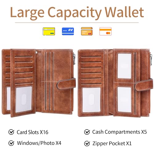 XINNSTAR Womens Wallet RFID Blocking Large Capacity Credit Card Holder Long Purses for Women with Wristlet Pocket ID Window - color: Brown