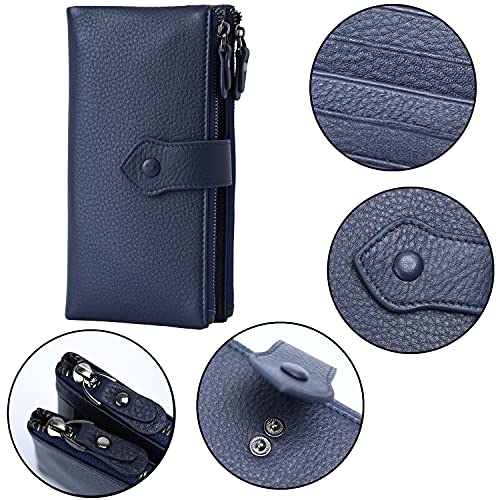 Bveyzi Women Soft Leather RFID Blocking Bifold Slim Wallets Ladies Credit Card Holder Double Zipper Pocket - color: Deep Blue