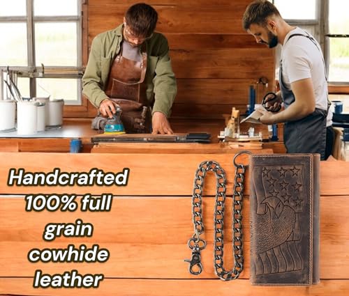 F&L CLASSIC RFID Blocking Mens Tri-fold Long Style Cowhide Leather Steel Chain Wallet,brown eagle/flag,212-101 - color: brown with eagle/flag