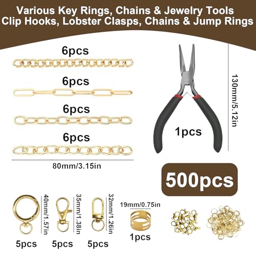 Aucscott Lipgloss Keychain Making Kit with Charms for Gilrs Adults, DIY Keychain Supplies Jewelry Craft Kits with A-Z Letter Charms for Custom Bag Phone Key Chain Lip Balm Purse Handbag - color: Gold - 500Pcs Kit