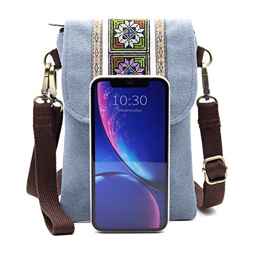 SILKAREA Vintage Embroidered Canvas Flip Small Crossbody Bag Cell Phone Pouch for Women Wristlet Wallet Bag Coin Purse - color: Light Blue