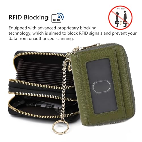 imeetu Rfid Credit Card Holder, Businese Card Case, Wallet for Women Men | Genuine Leather Card Wallet with id Window, Keychain & Double Zipper, Water-resistan Small Wallet with Gift Box, Daily Travel - color: Max - Olive Green