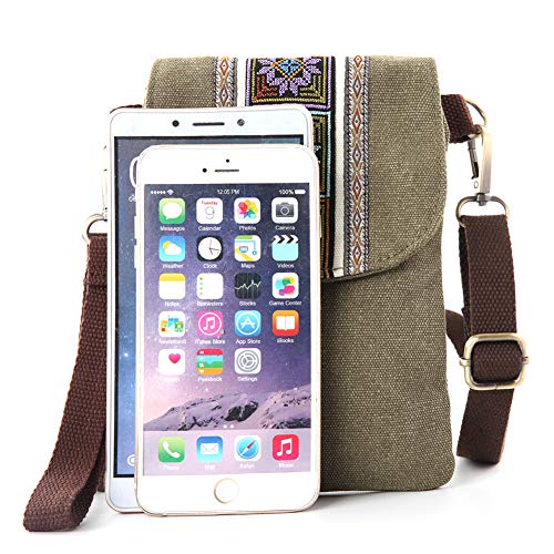 SILKAREA Vintage Embroidered Canvas Flip Small Crossbody Bag Cell Phone Pouch for Women Wristlet Wallet Bag Coin Purse - color: Army Green