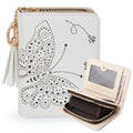 KITEVIUN Women RFID Blocking Small Bifold Wallet, Compact Cash Clutch with Zipper Coin Pocket, Glittery Butterfly Design, Credit Card Holder, Travel Purse with Tassel WHITE - color: 01-WHITE