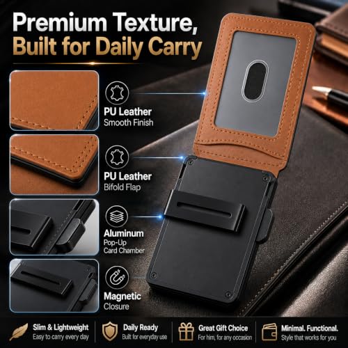 Brown AirTag Wallet for Men, RFID Blocking Minimalist Bifold Pop Up Aluminum Card Holder, PU Leather Wallet with Money Clip ID Window, 9-13 Cards, Gift for Men, AirTag Not Included by Sooshoom - color: Brown